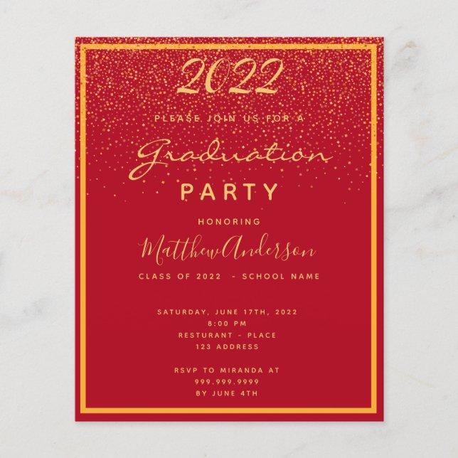 Budget Graduation 2025 party red gold invitation (Front)