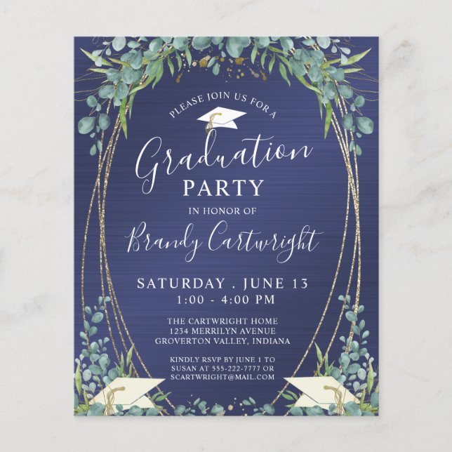 Budget Graduation Navy Blue Botanical Invitation (Front)