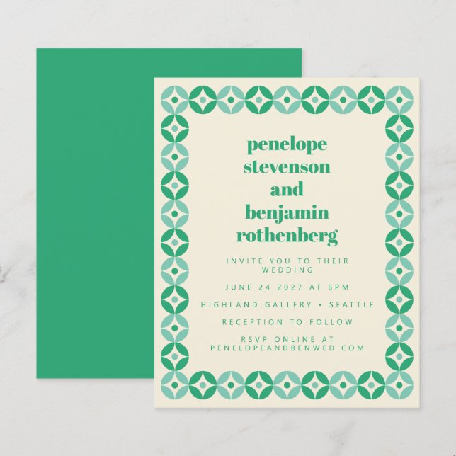 Budget Green Blue Mod Geometric Wedding Website (Front/Back)