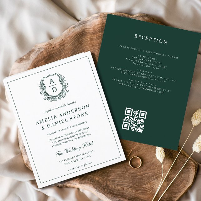 Budget Green Crest Wedding QR Code Invitation (Creator Uploaded)