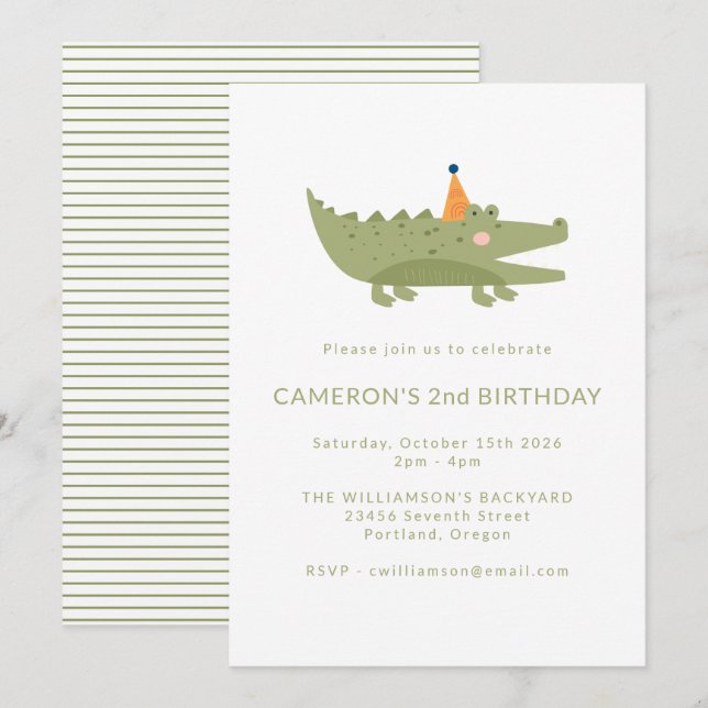 Budget Green Crocodile 2nd Birthday Invitation (Front/Back)