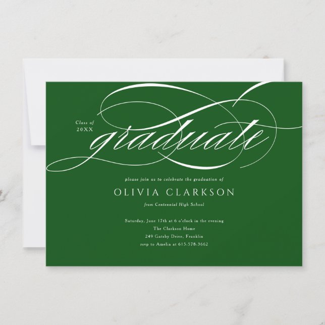 Budget Green Elegant Script Photo Graduation Party Invitation (Front)