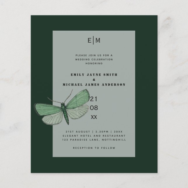Budget Green Emerald Moth Wedding Invites (Front)