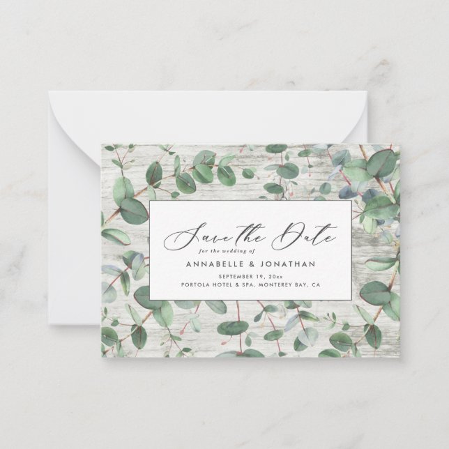 budget green Eucalyptus white wood Save The Date Card (Front)