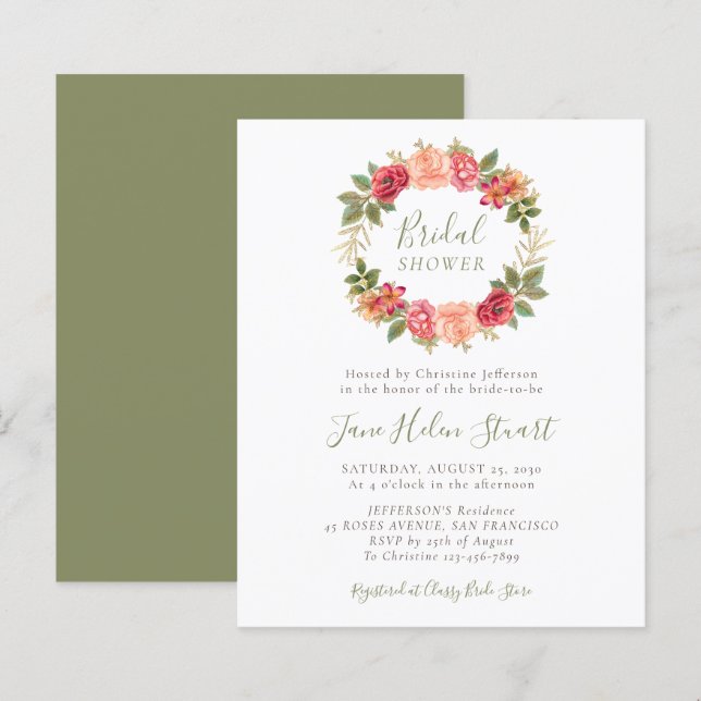 Budget green floral bridal shower invitations (Front/Back)