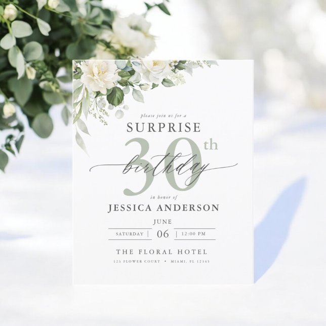 Budget Green Floral Surprise Birthday Invitations (Creator Uploaded)