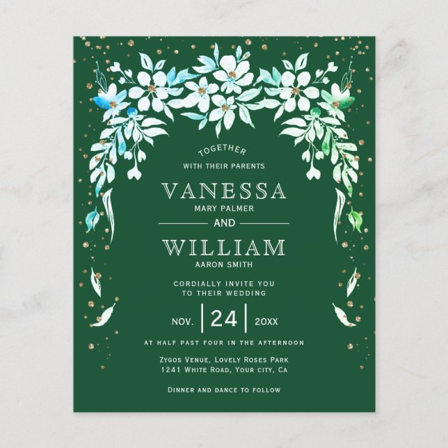 BUDGET green floral wedding invitation        (Front)