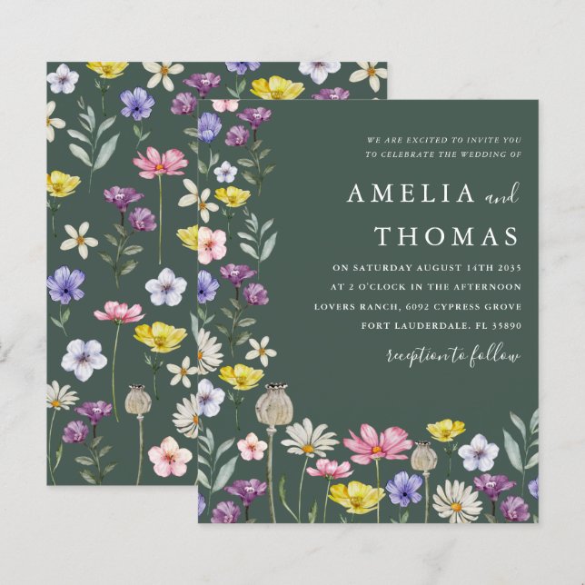 Budget Green Floral Wildflower Wedding Invitation  (Front/Back)