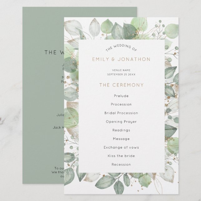 Budget Green Foliage Élégant programme de mariage (Devant / Derrière)