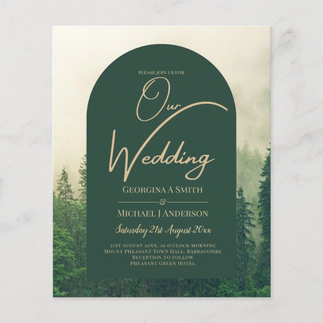 BUDGET Green Forest mountain Pine Trees Wedding Flyer (Front)