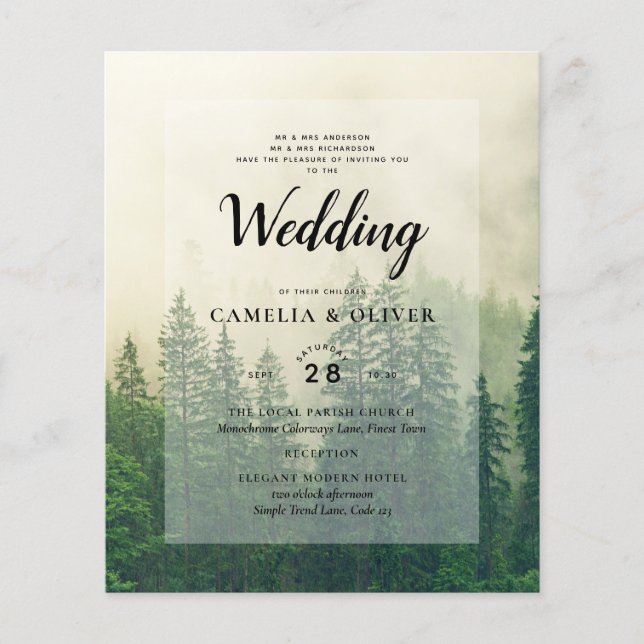 BUDGET Green Forest Pine Trees Wedding INVITE (Front)