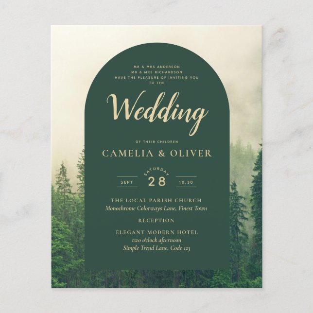 BUDGET Green Forest Pine Trees Wedding INVITE (Front)