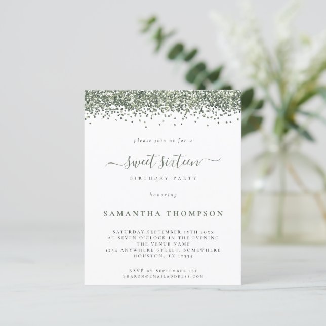 Budget Green Glitter Sweet Sixteen Invitation (Standing Front)