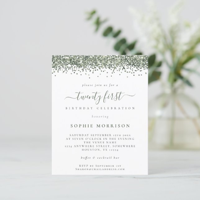 Budget Green Glitter Twenty First Party Invite (Standing Front)