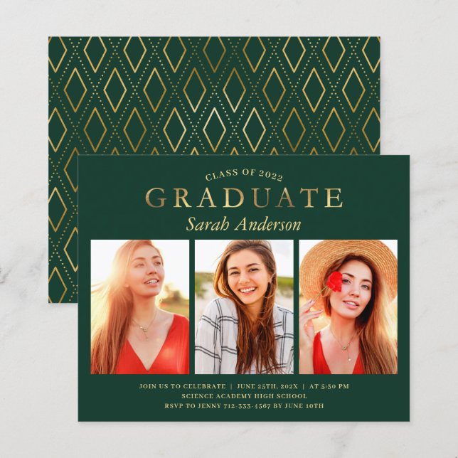 Budget Green Gold 3 Photo Graduation Invitations (Front/Back)