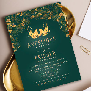 Budget Green & Gold Birds Floral Wedding Invite