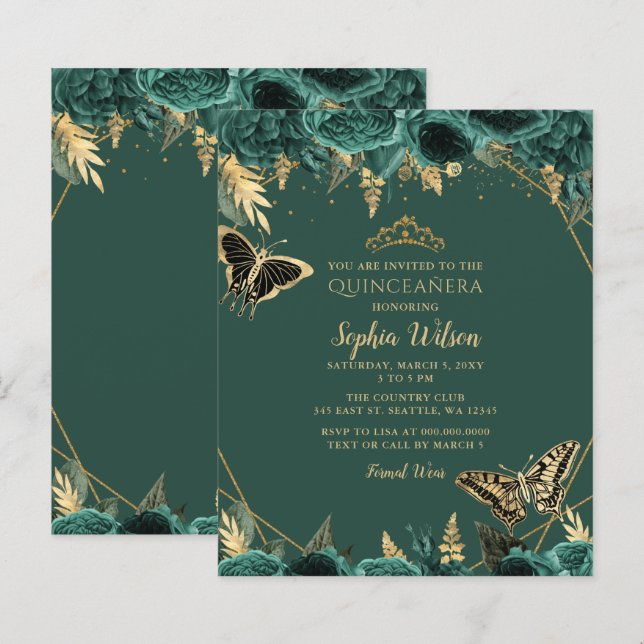 Budget Green Gold Butterfly Quinceañera Invitation (Front/Back)