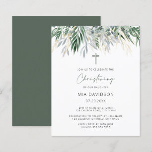 Budget Green & Gold Feuilles Christening Invitatio