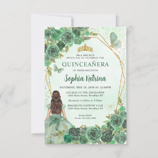 Budget Green Gold Floral Princess Quinceañera Card (Front)