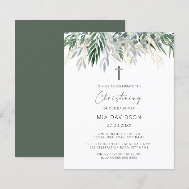 Budget Green & Gold Leaves Christening Invite (Front/Back)