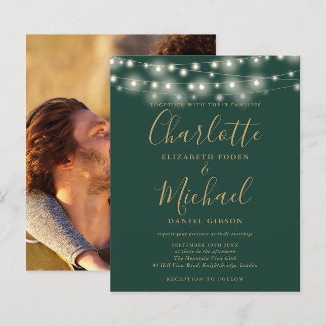 Budget Green Gold Lights Photo Wedding Invitation (Front/Back)