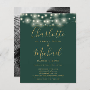 Budget Green Gold Lights Photo Wedding Invitation