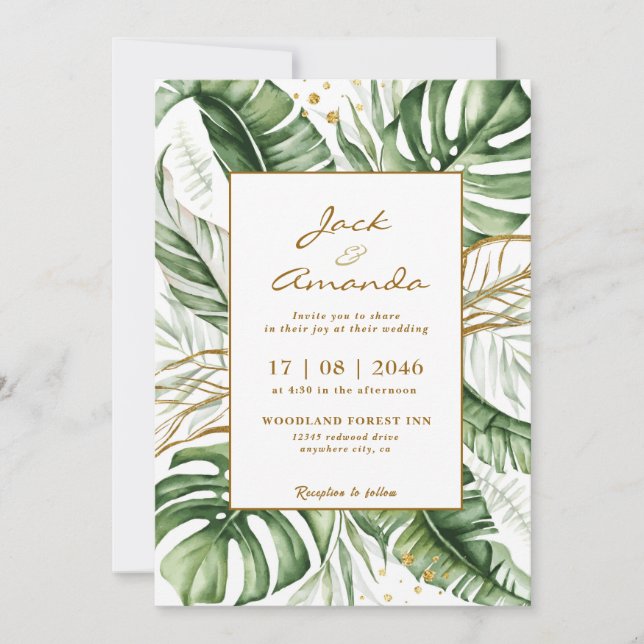 Budget Green Leaf Boho Greenery Wedding Invitation (Front)
