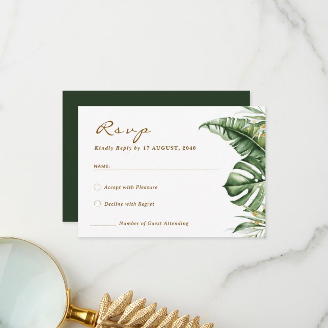 Budget Green Leaf Boho Vert Mariage RSVP Cartes (Devant/Arrière en situation)