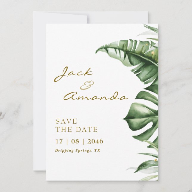 Budget Green Leaf Boho Wedding save the date card (Front)