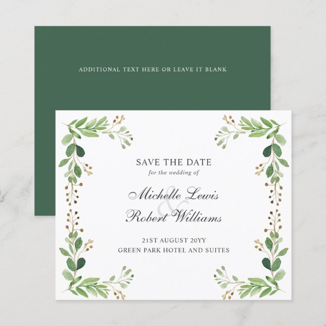 BUDGET Green leaves Summer wedding SAVE THE DATE (Front/Back)