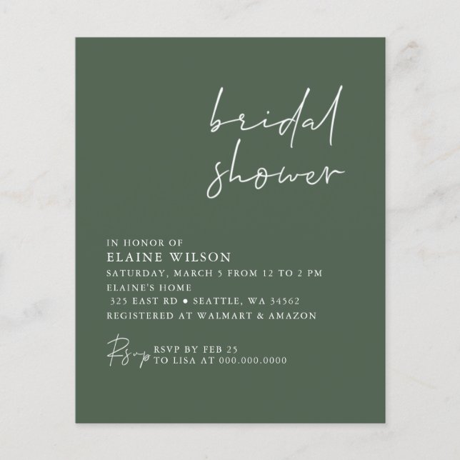 Budget Green Modern Bridal Shower Invitation (Front)