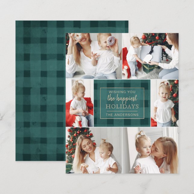 Budget Green Plaid Six Photos Collage Holiday Card (Front/Back)
