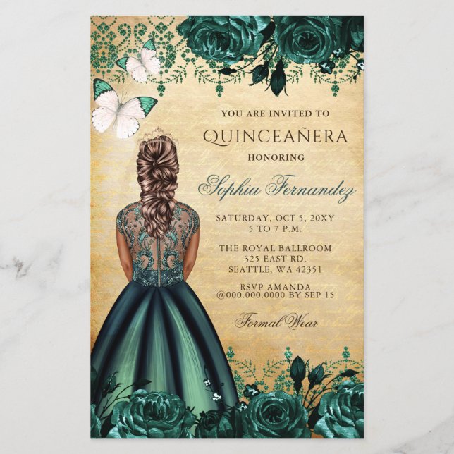 Budget Green Princess Quinceañera Invitation (Front)