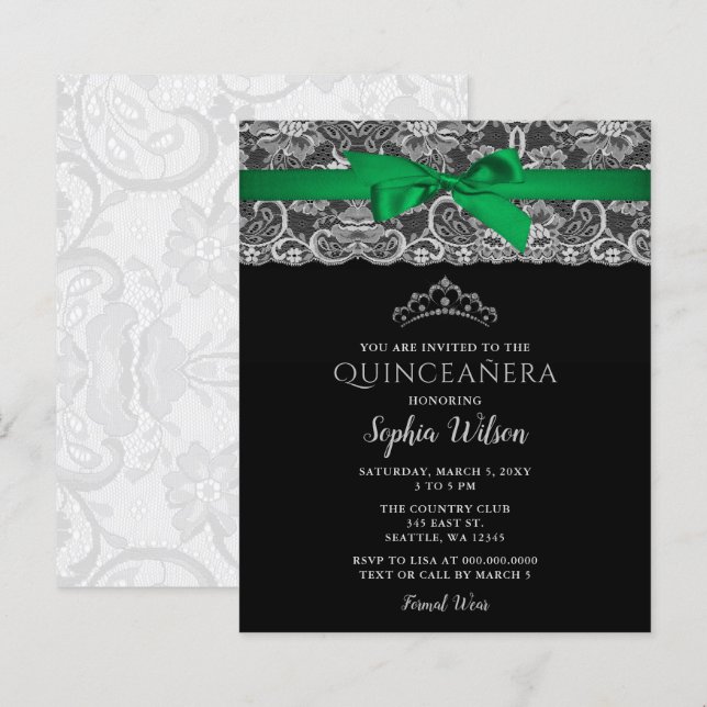 Budget Green Ribbon Lace Quinceañera  Invitation (Front/Back)