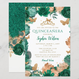 Budget Green Roses Gold Butterflies Quinceañera