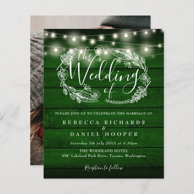 Budget Green Rustic Lights Photo Wedding Invite (Front/Back)