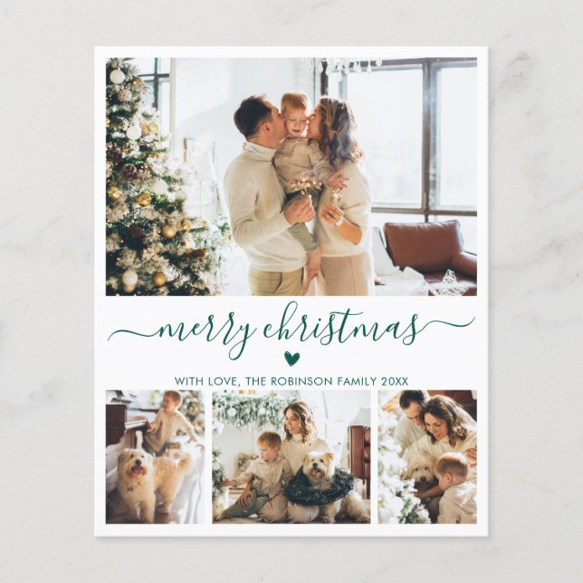 Budget Green Script 4 Photo Collage Christmas Card (Front)