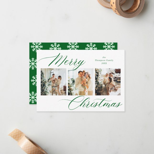 Budget Green Script Merry Christmas Photo Collage Card (Front/Back In Situ)