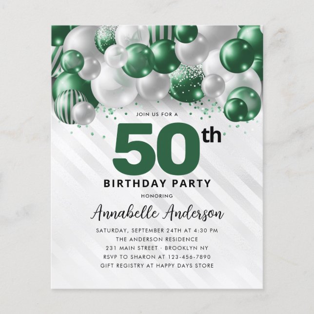 Budget Green Silver Balloon Glitter 50th Birthday (Front)