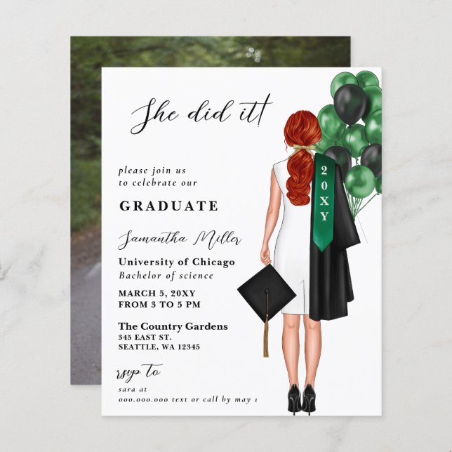 Budget Green Simple Photo She Did It Graduation (Front/Back)
