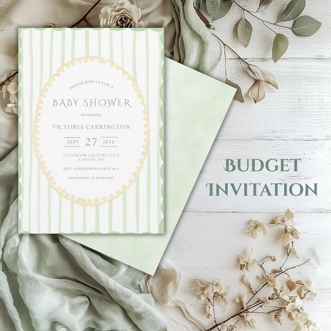 Budget Green Stripe Vintage Baby Shower  Invitation (Creator Uploaded)
