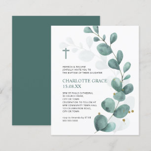 Budget Green Watercolor Eucalyptus Baptism Invite