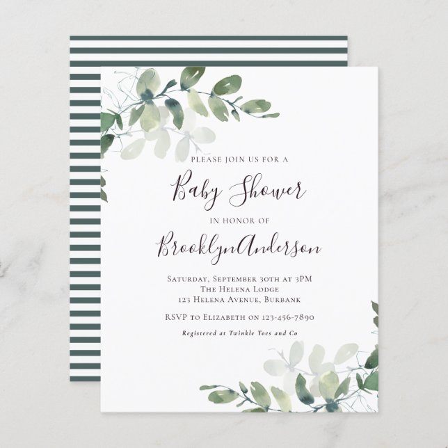 Budget Greenery Baby Shower Invitation (Front/Back)