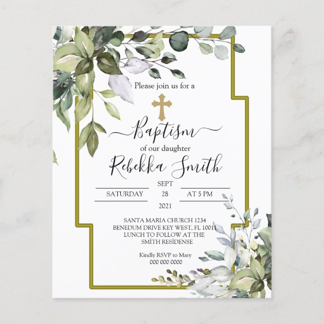 Budget Greenery Baptism Invitation (Front)