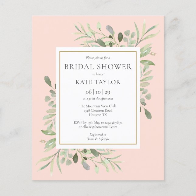 Budget Greenery Blush Pink Bridal Shower Invite (Front)