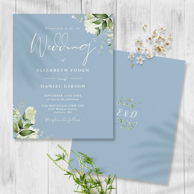 Budget Greenery Dusty Blue Wedding Invitation (Creator Uploaded)