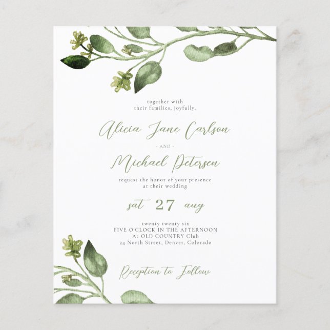 Budget greenery elegant script wedding invitation (Front)