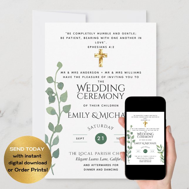 Budget Greenery Eucalyptus Catholic Wedding Invite (Creator Uploaded)