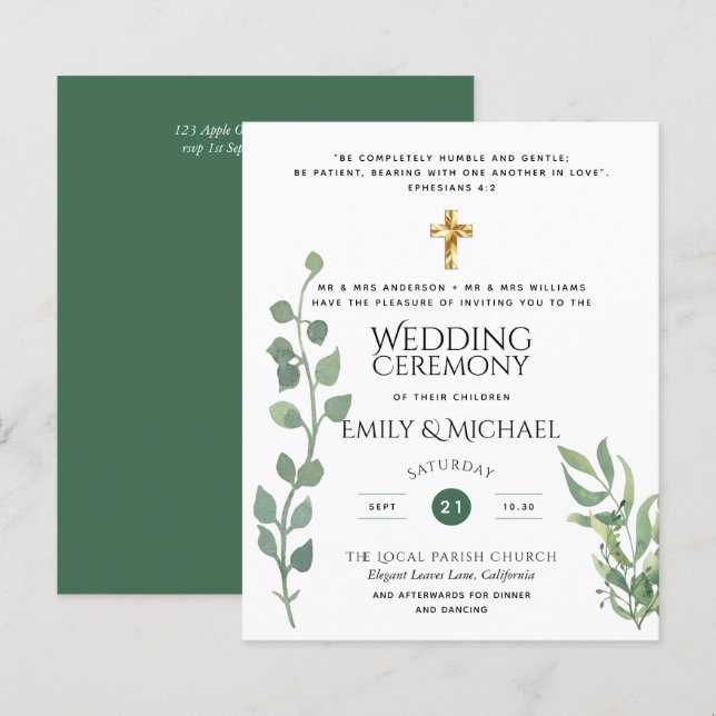 Budget Greenery Eucalyptus Catholic Wedding Invite (Front/Back)