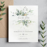 Budget Greenery Eucalyptus Wedding Save The Date<br><div class="desc">Beautiful Save the date card featuring watercolor eucalyptus and gold leaves. Perfect choice for spring and summer weddings.</div>